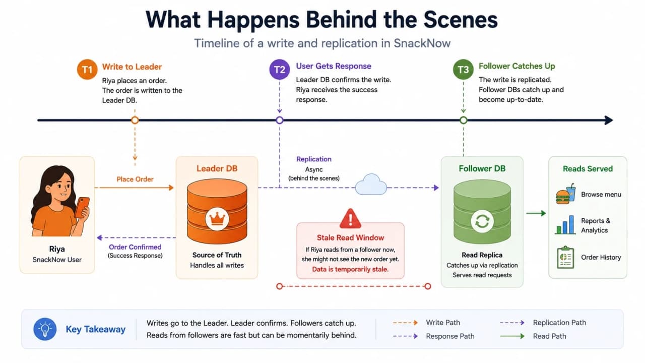 Timeline diagram showing SnackNow order write on leader, user response, and follower replica catching up later.