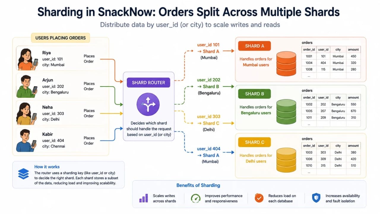 Diagram showing SnackNow orders split into multiple shards by user ID or city.