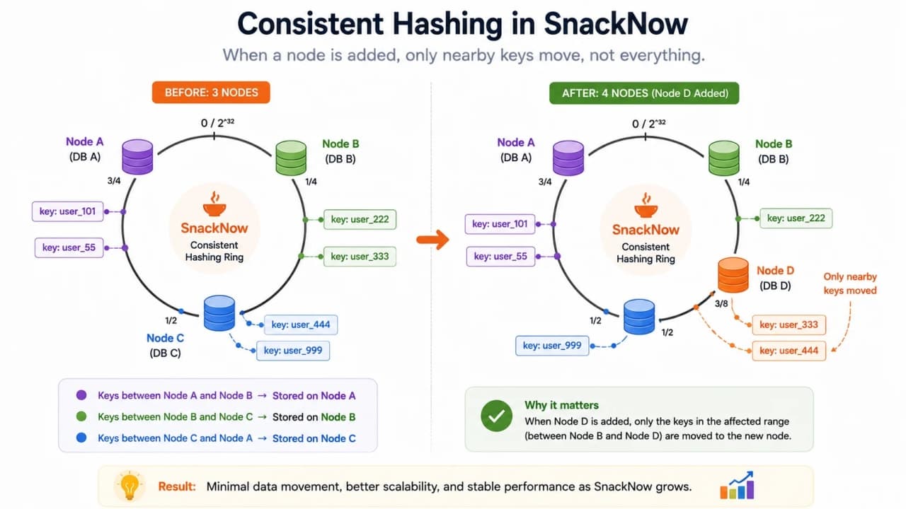 Consistent hashing ring showing keys and database nodes with only nearby keys moving when a new node is added.
