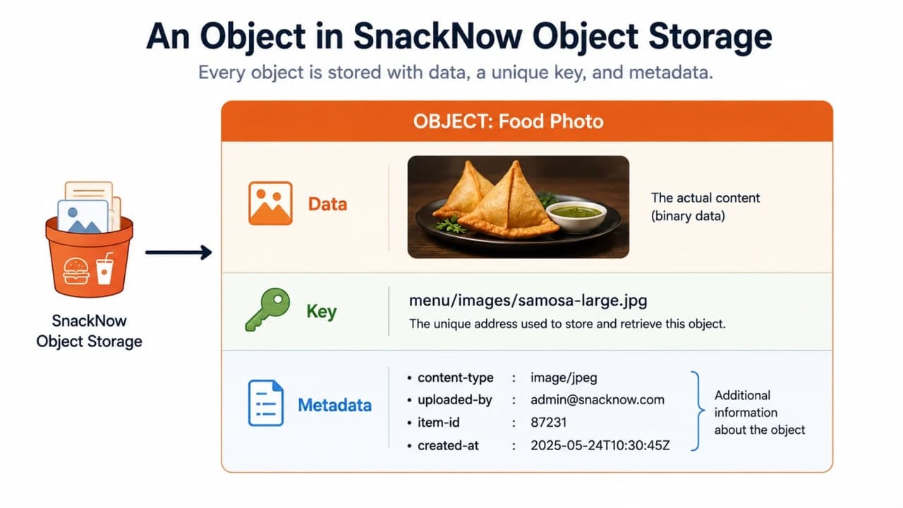 Diagram showing an object storage object made of data, unique key, and metadata labels.