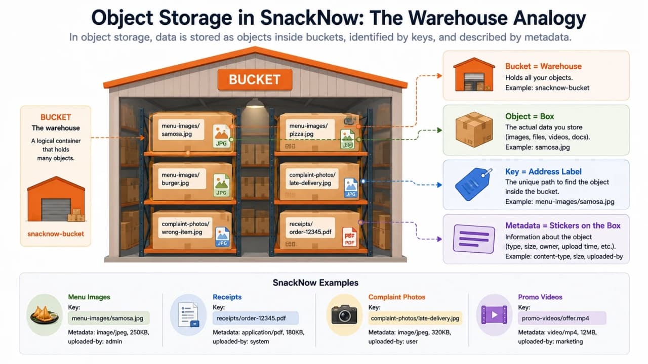 Warehouse-style diagram explaining bucket, object, key, and metadata in object storage.
