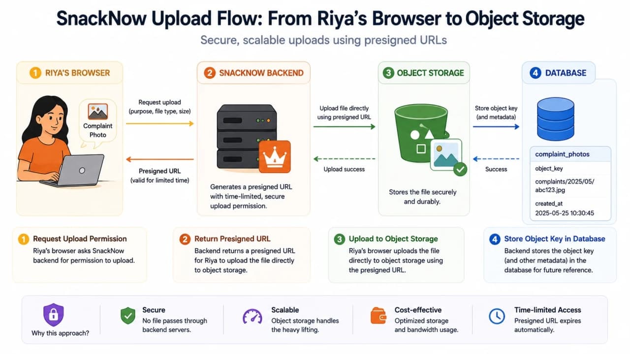 Flow diagram showing browser requesting upload permission, backend returning presigned URL, browser uploading to object storage, and database storing object key.