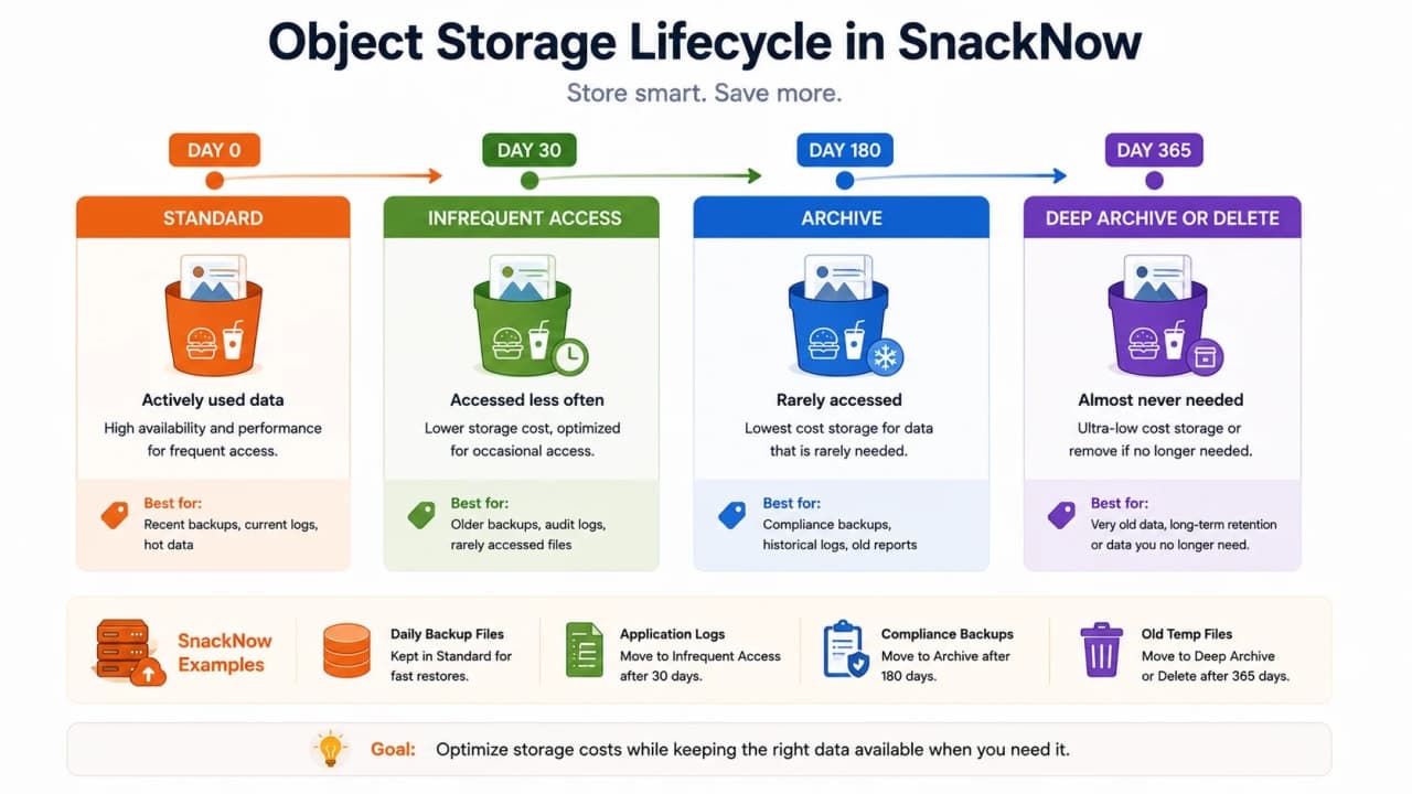 Lifecycle rules move old SnackNow data into cheaper storage classes over time.
