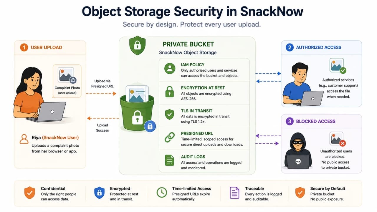 Layered security diagram for object storage showing IAM policy, encryption, presigned URL, audit logs, and private bucket.