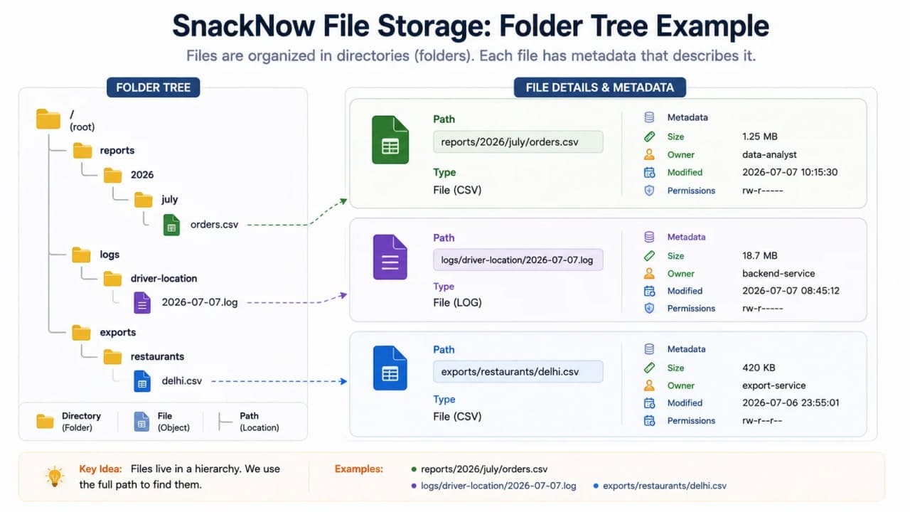 Folder tree diagram showing SnackNow reports, log files, metadata, permissions, and file paths.