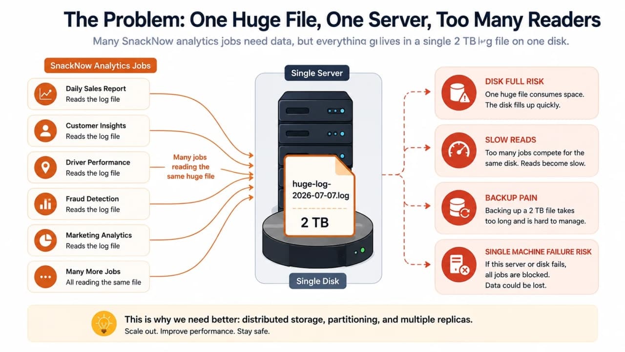 Diagram showing many SnackNow analytics jobs trying to read a huge log file from one overloaded server disk.