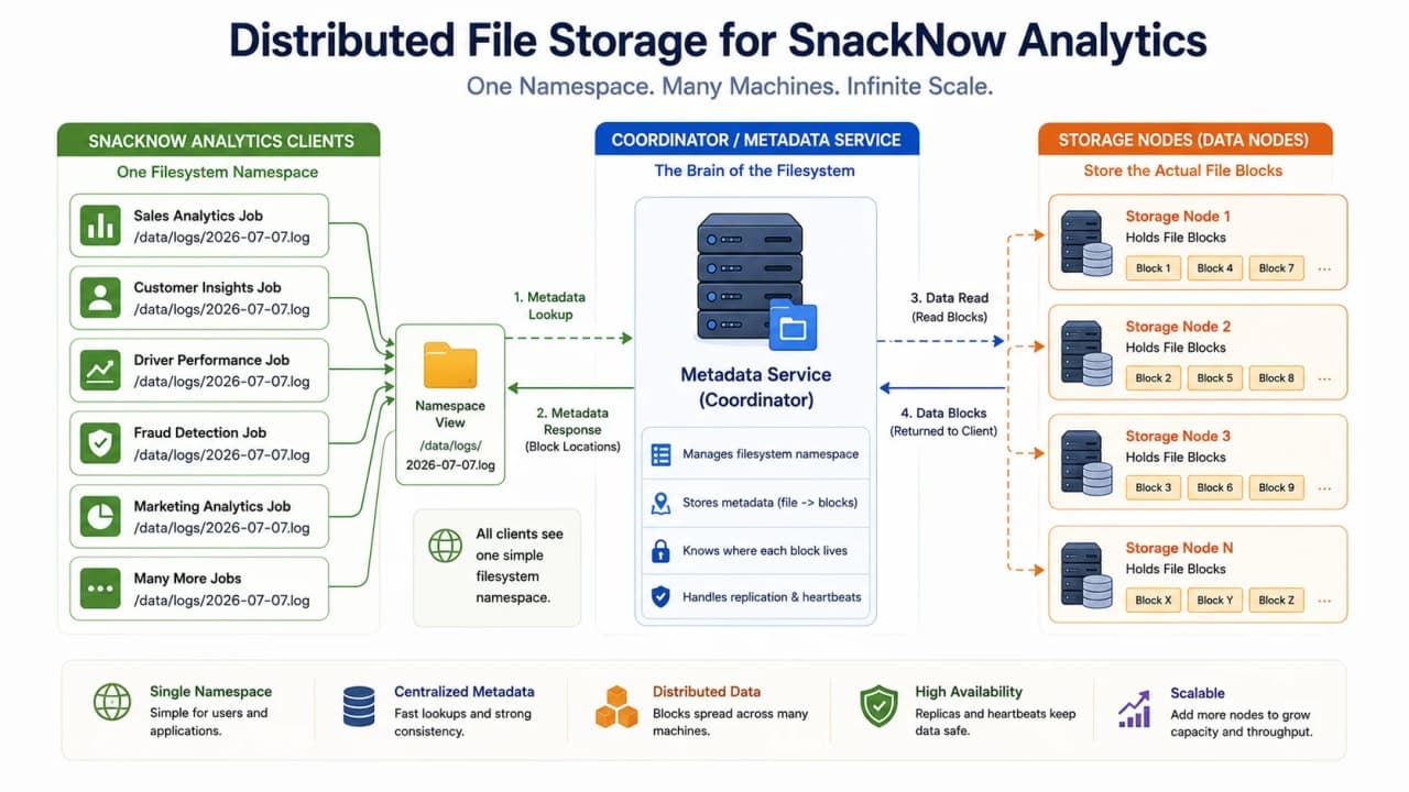 Architecture diagram showing a SnackNow client seeing one namespace while file blocks are stored across multiple storage nodes.