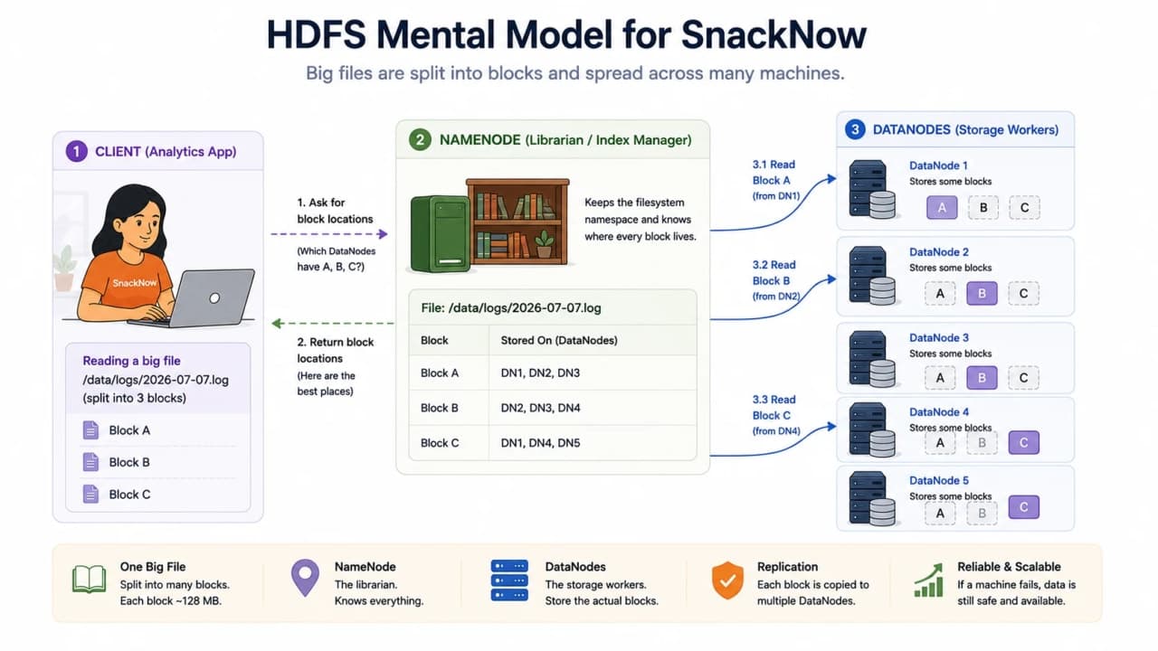 HDFS diagram showing client asking NameNode for block locations and then reading file blocks from DataNodes.