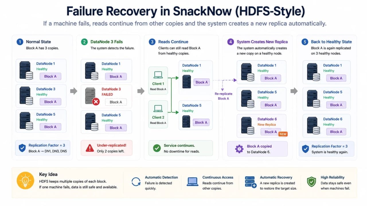 HDFS block replication diagram showing Block A copies on multiple DataNodes and recovery after one DataNode fails.