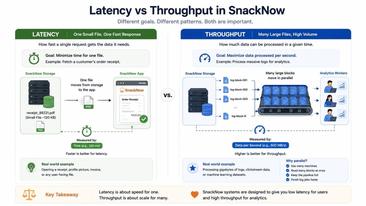 Diagram comparing latency as one file request time and throughput as many data blocks moving in parallel.