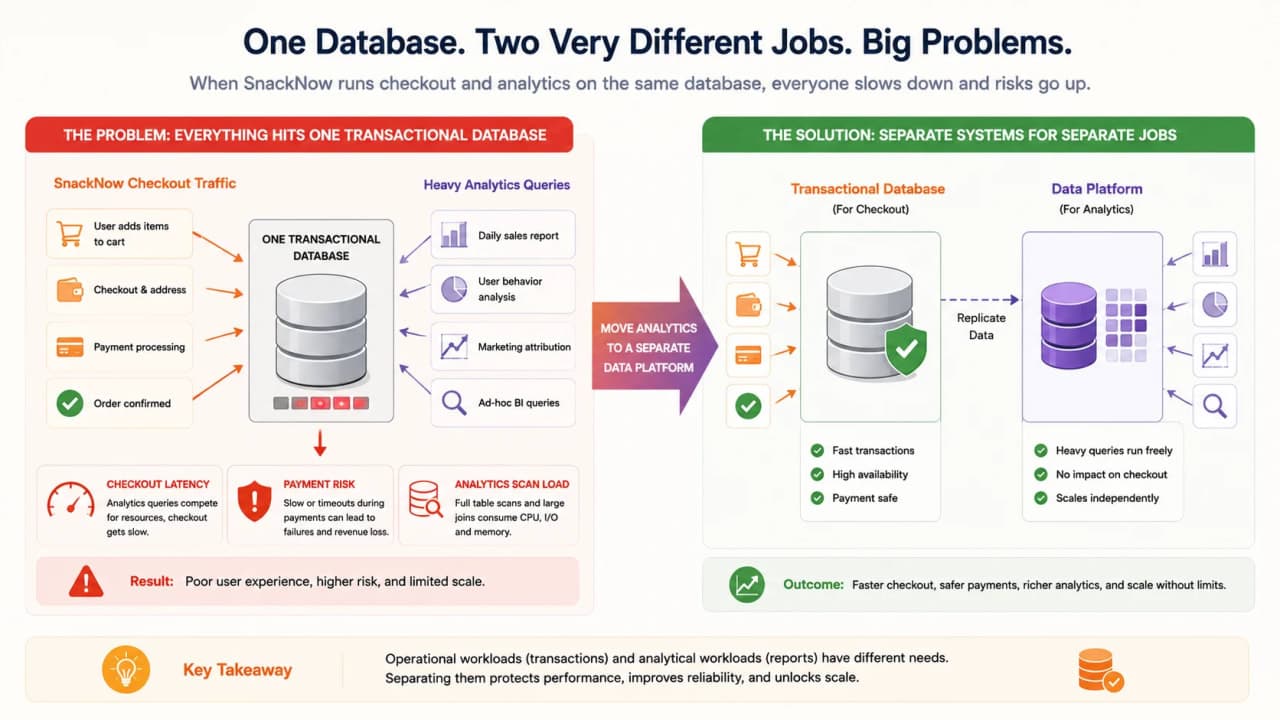 Diagram showing SnackNow checkout traffic and analytics queries competing for the same transactional database.