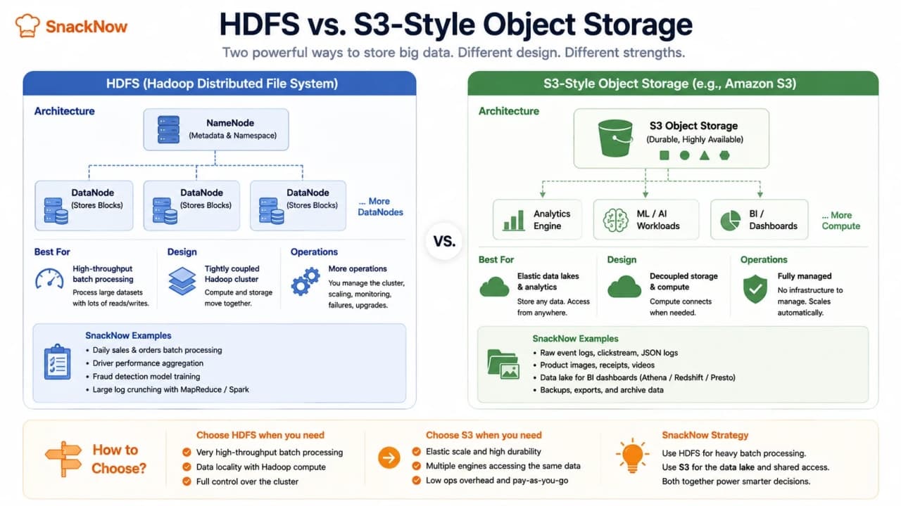 Decision diagram comparing HDFS cluster storage and S3 object storage for SnackNow big data workloads.