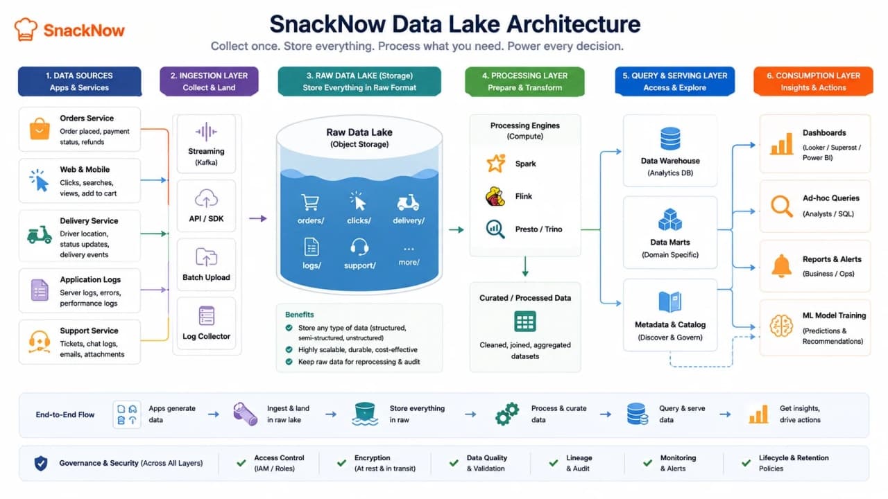 Data lake architecture diagram showing apps and services sending logs and events into raw storage, then processing, querying, dashboards, and machine learning.