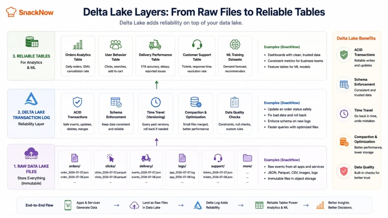Layer diagram showing raw data lake files with a Delta transaction log adding ACID transactions, schema enforcement, time travel, and optimization.