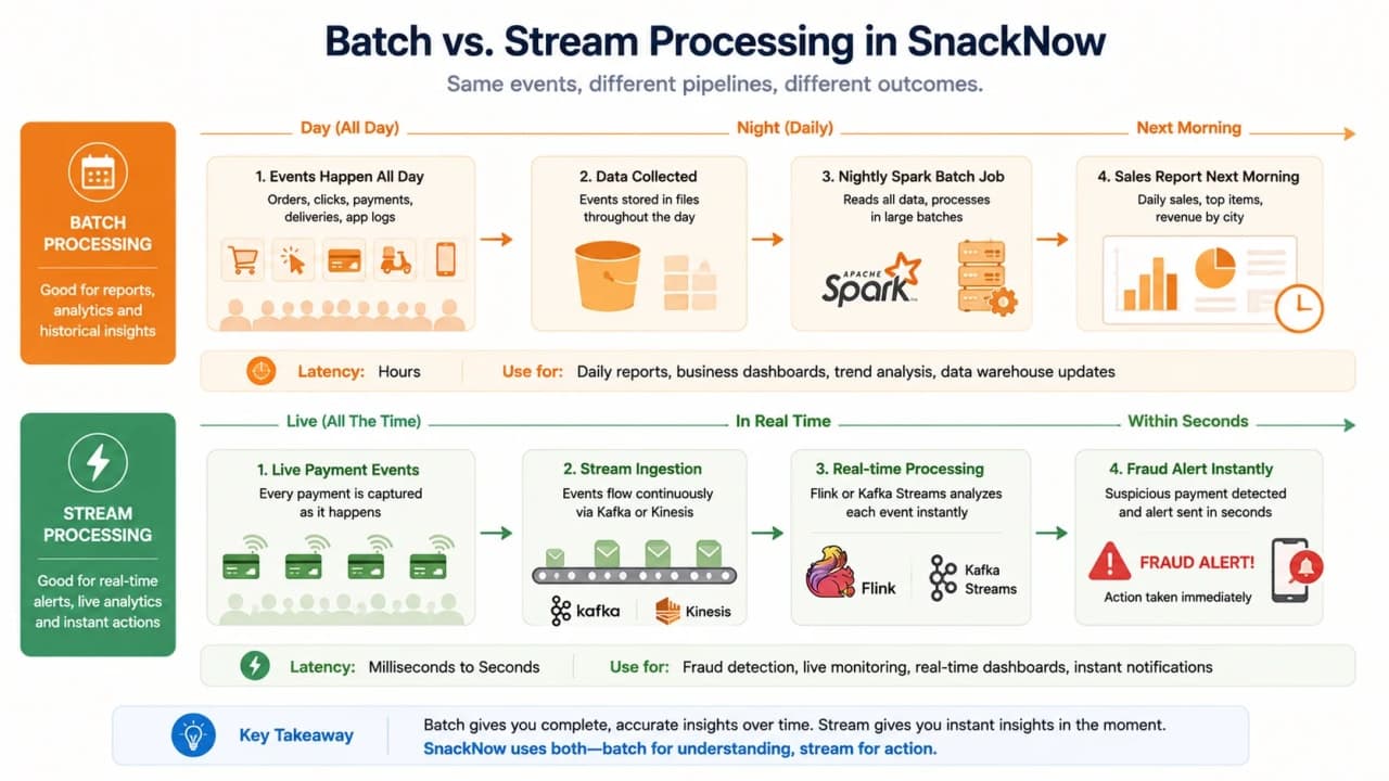 Timeline diagram comparing nightly batch processing with real-time stream processing for SnackNow sales reports and fraud alerts.