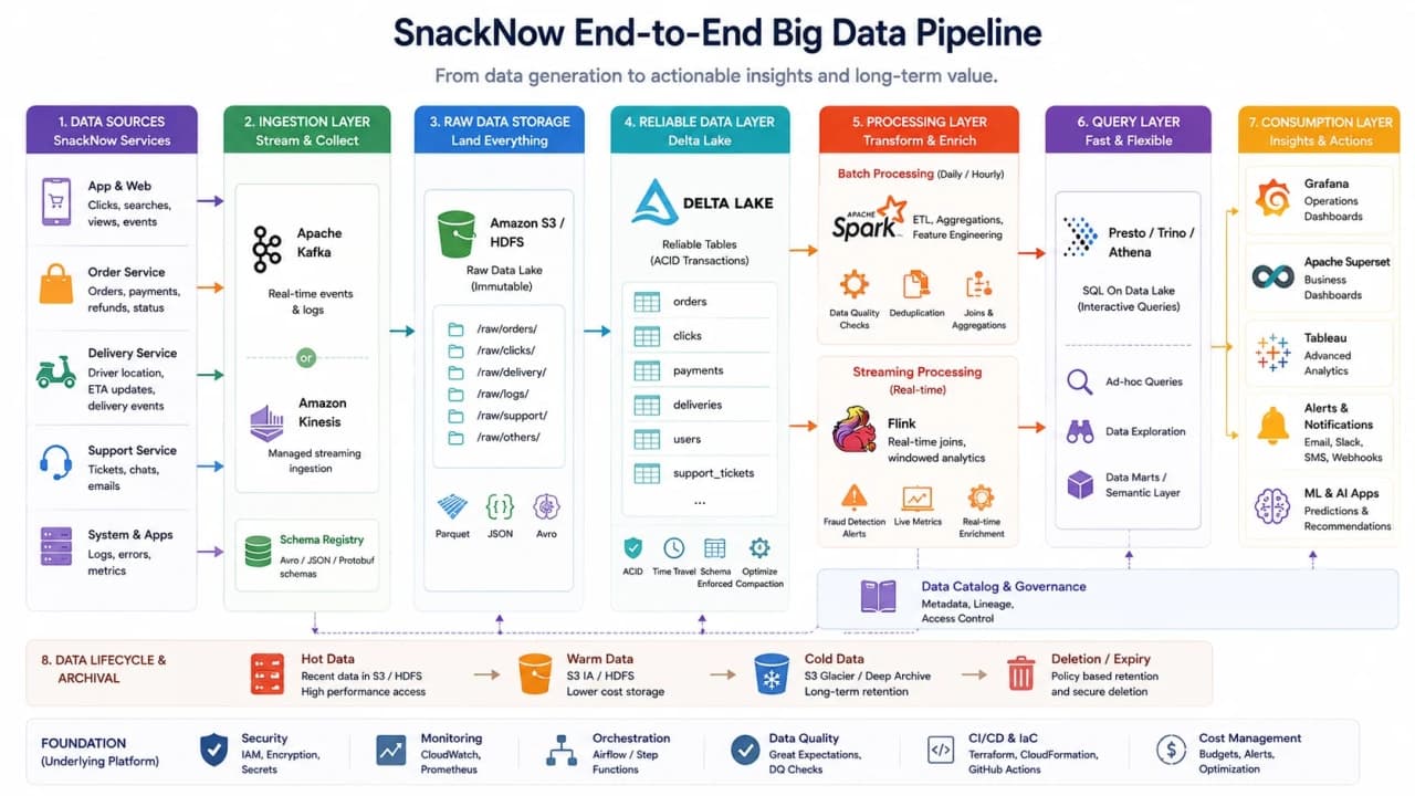 End-to-end big data pipeline diagram showing services to Kafka or Kinesis, raw storage, Delta Lake, Spark, Flink, Presto or Trino, dashboards, and lifecycle archive.