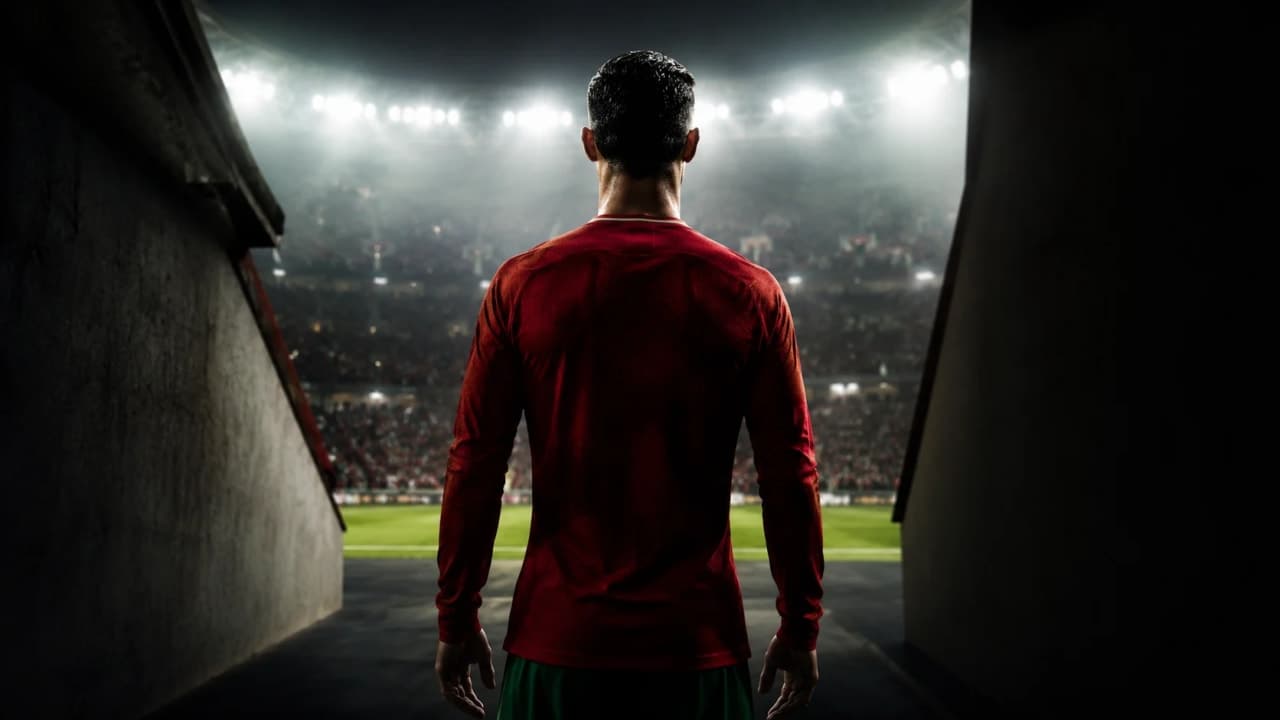 Portuguese football legend standing at a stadium tunnel during a symbolic farewell.