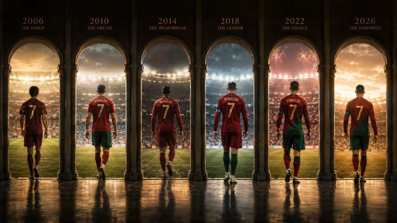 Symbolic timeline of a Portuguese football legend across six World Cups.