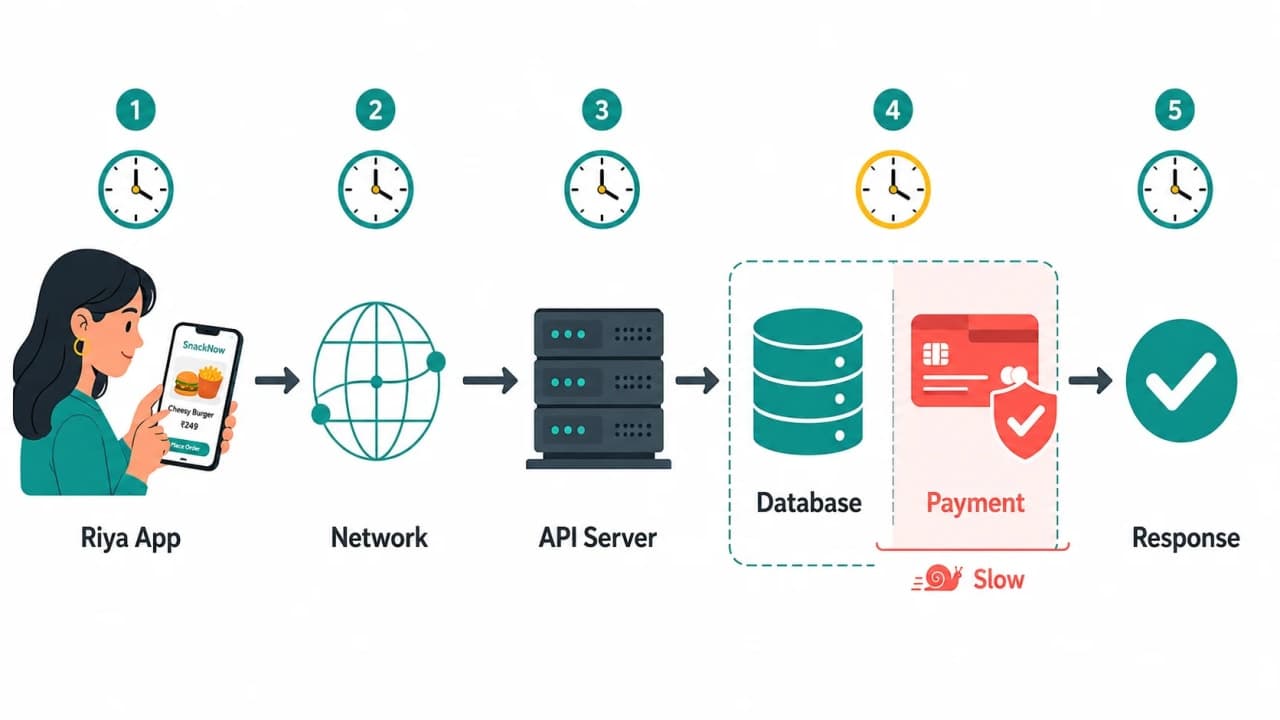 Diagram of a SnackNow order moving from Riya's phone through network, API, database, payment service, and back to the app