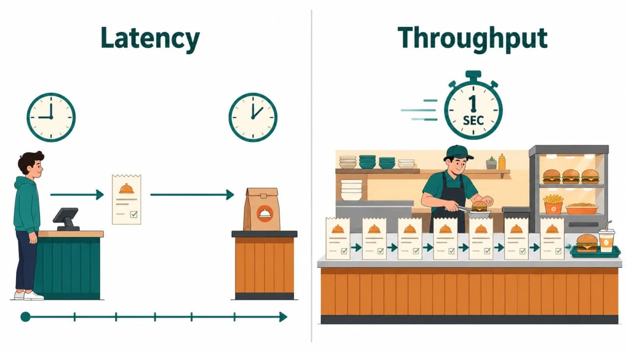 Split diagram comparing one SnackNow customer waiting for an order with many completed orders moving through a service counter