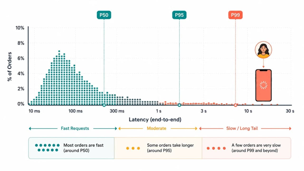 Latency distribution for SnackNow requests with P50, P95, and P99 markers and Riya shown in the slow tail