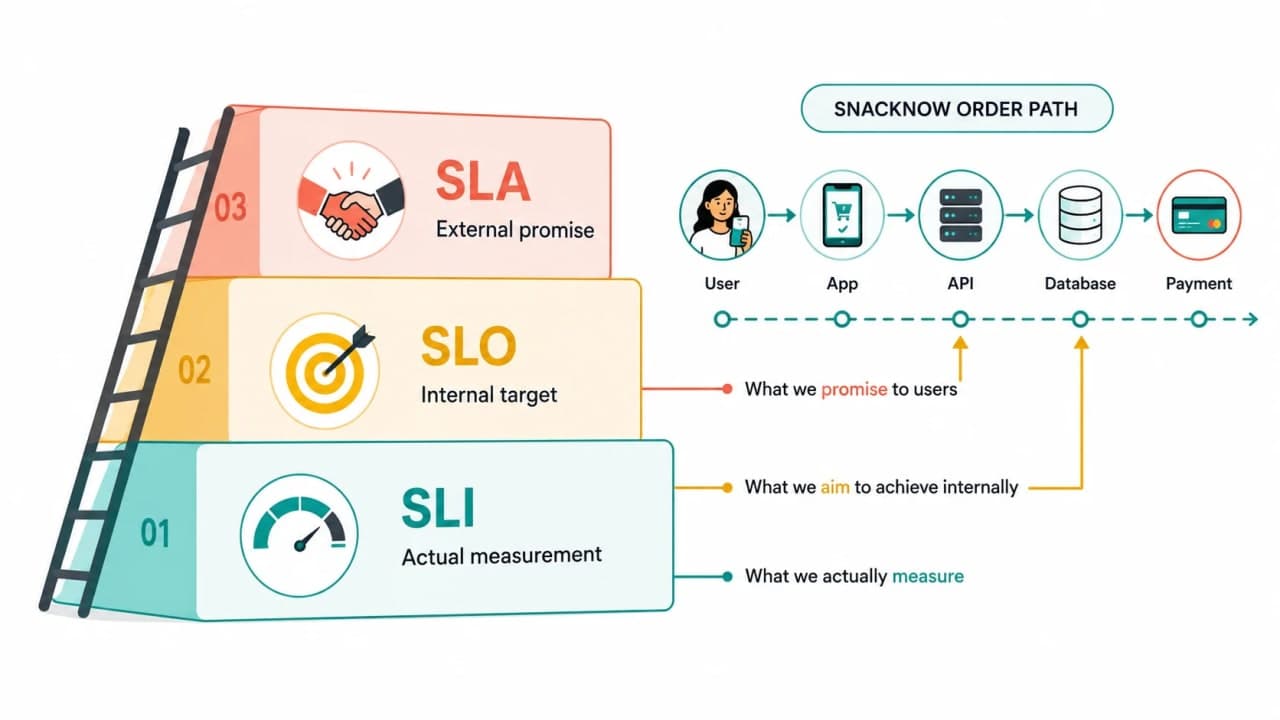 Three-level ladder showing SnackNow SLI measurement, SLO internal target, and SLA external promise