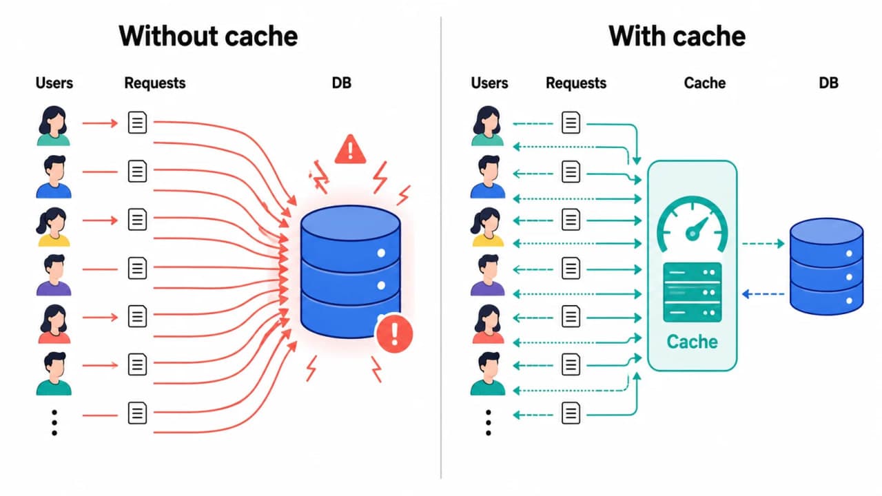 Side-by-side diagram of SnackNow requests hitting the database directly versus using a cache before the database