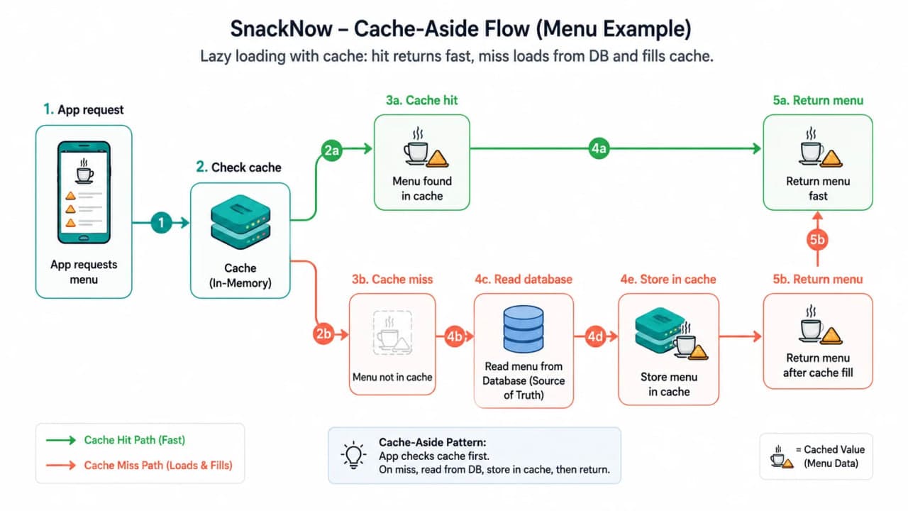 Cache-aside flow showing a SnackNow request checking cache, returning on hit, or fetching the database and populating cache on miss