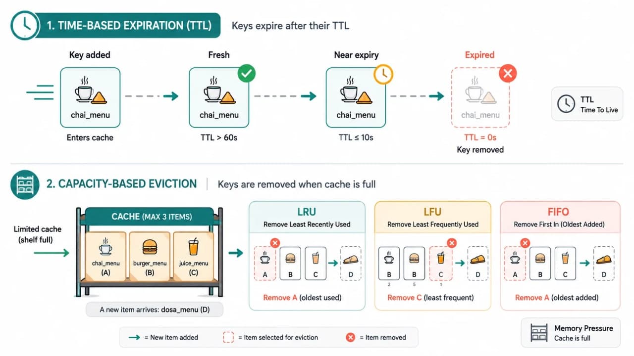 Timeline comparing SnackNow cache TTL expiration with LRU, LFU, and FIFO eviction from a limited counter