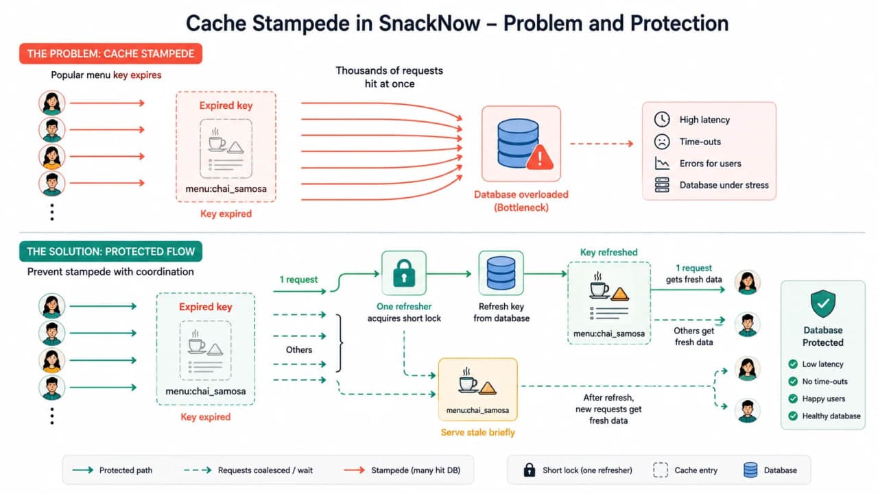 Diagram of thousands of SnackNow requests missing one expired menu cache key and rushing the database, with a lock and stale response protection path