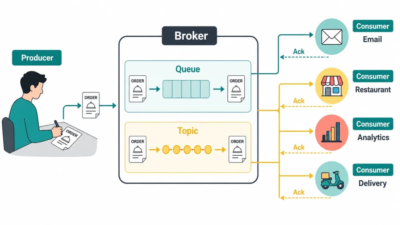Producer to broker to queue and topic to multiple SnackNow consumers, with acknowledgement arrows returning to the broker