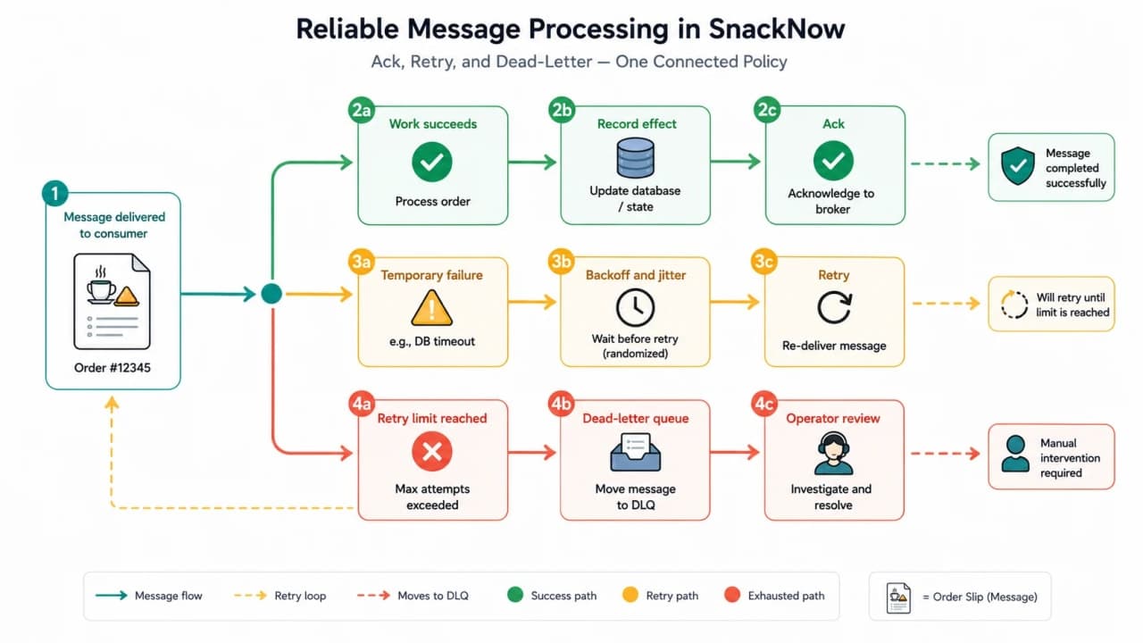SnackNow message flow branching from consumer success to acknowledgement, temporary failure to delayed retry, and repeated failure to dead-letter queue