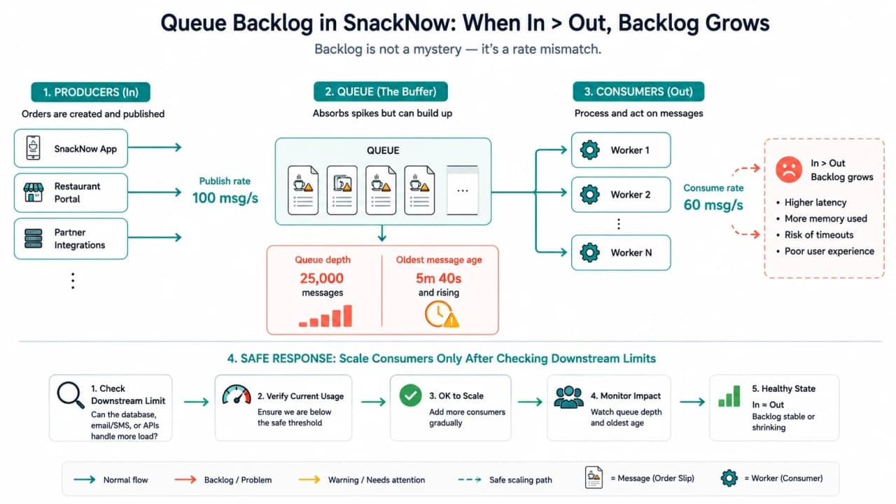 Queue backlog diagram showing SnackNow producer rate exceeding consumer rate, oldest message age rising, and safe scaling with downstream capacity checks