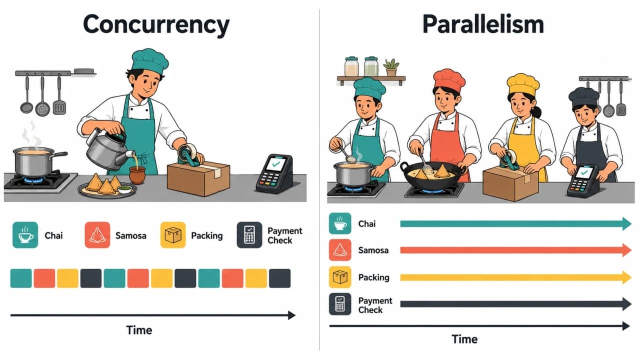 Split SnackNow kitchen showing one cook switching among overlapping tasks for concurrency and multiple cooks working simultaneously for parallelism