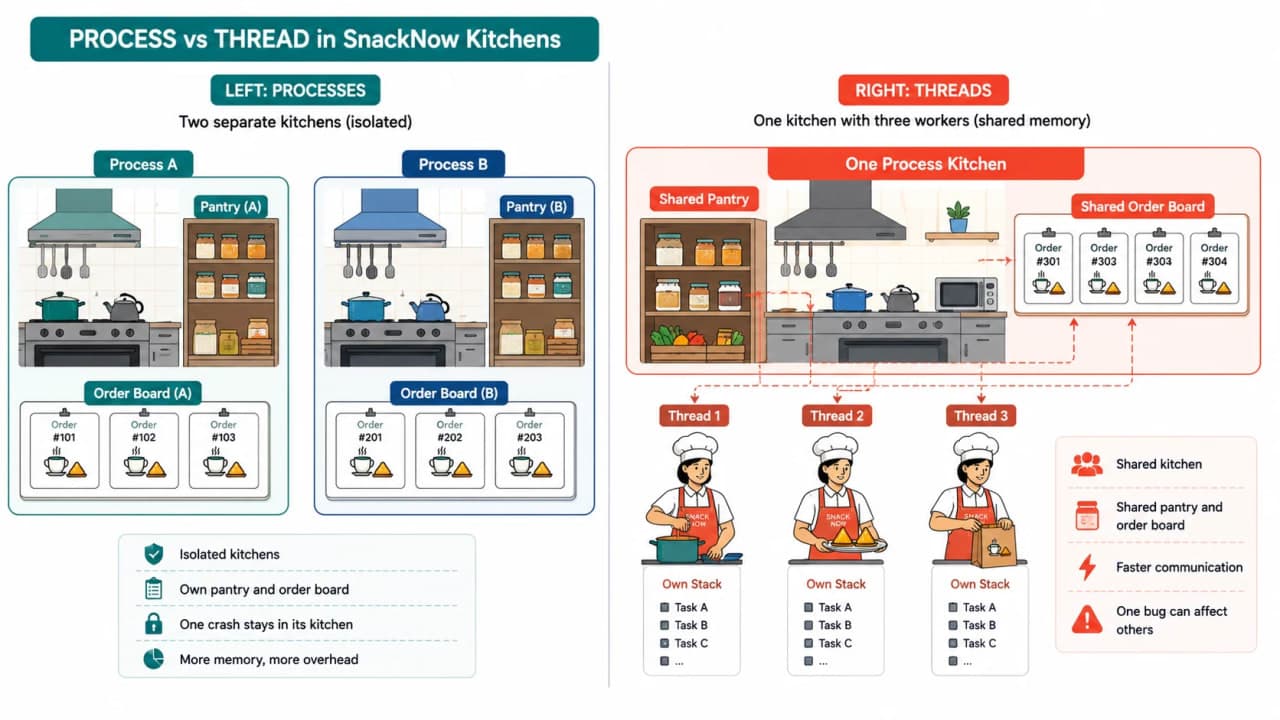 Diagram comparing isolated SnackNow process kitchens with several threads sharing memory and resources inside one process