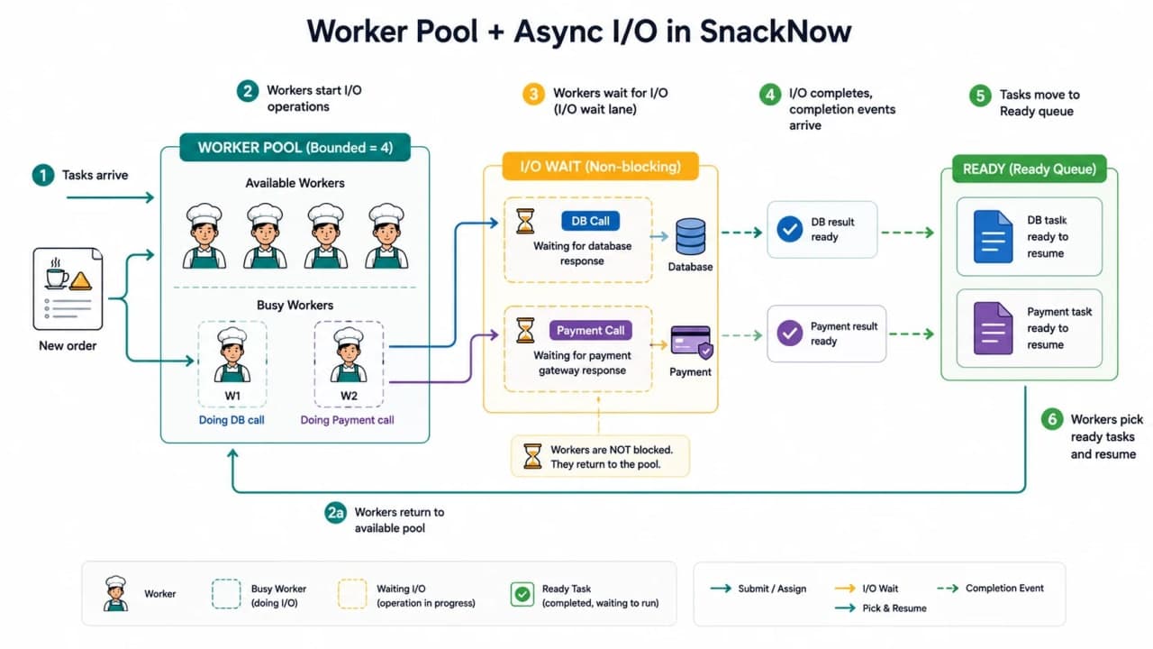 Thread pool and async I/O diagram showing SnackNow workers starting database and payment calls, becoming free, and resuming when results return