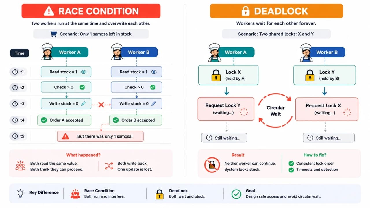 Two-panel timeline showing a SnackNow inventory race condition and a deadlock between two workers holding different locks