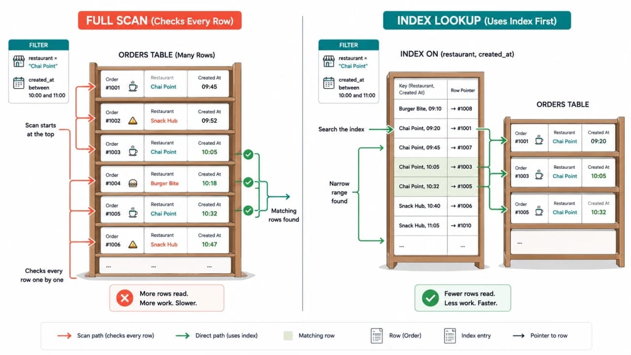 Split diagram comparing a SnackNow database full table scan with an indexed lookup for recent restaurant orders