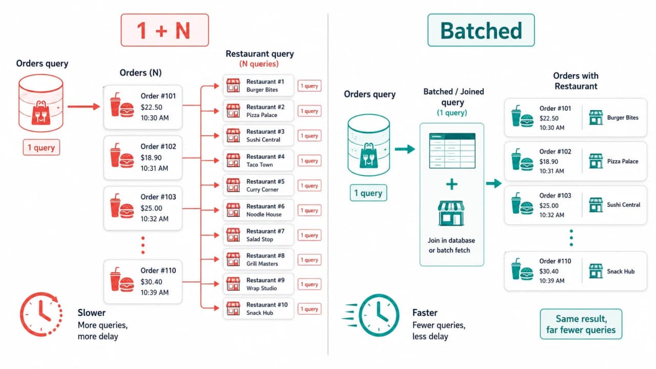 Diagram comparing one plus many SnackNow database queries with a batched query that loads orders and restaurants efficiently