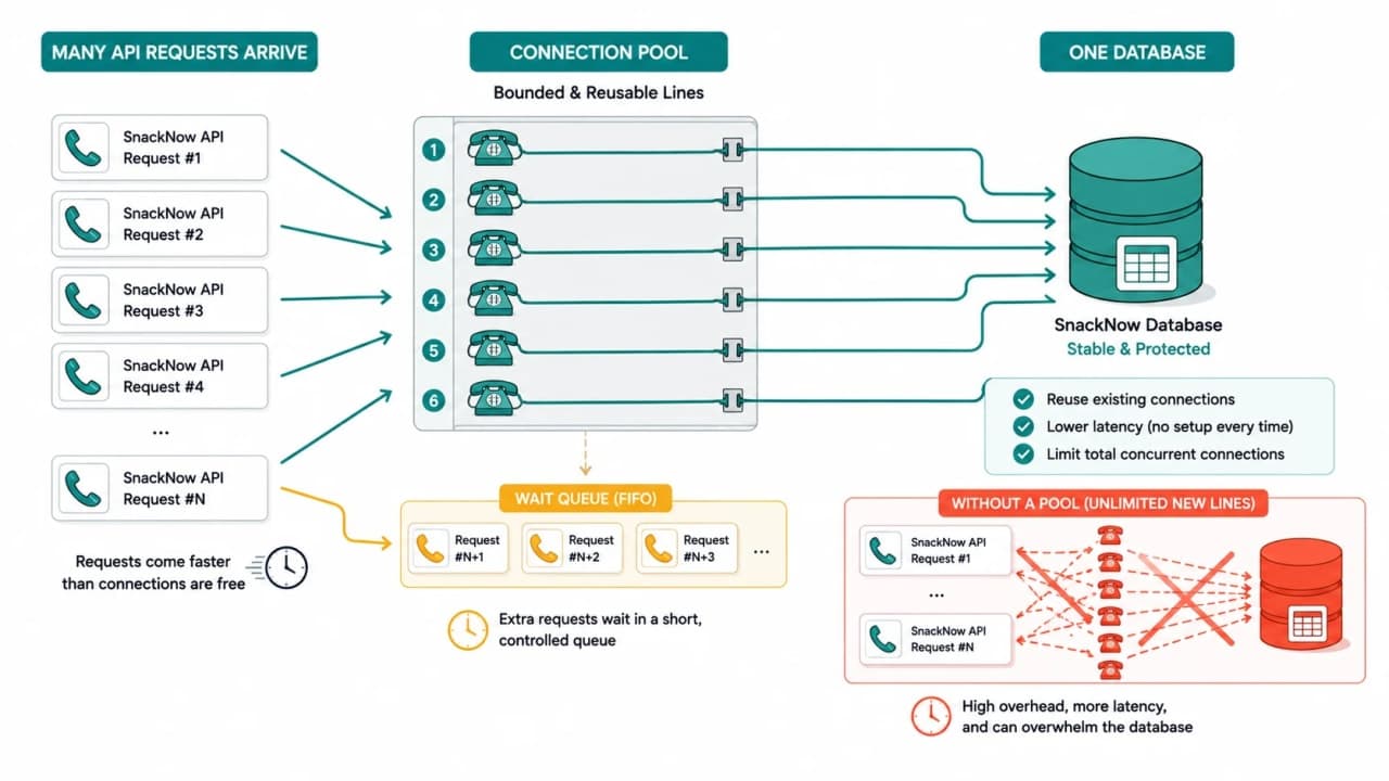 SnackNow application requests waiting for and reusing a bounded pool of database connections