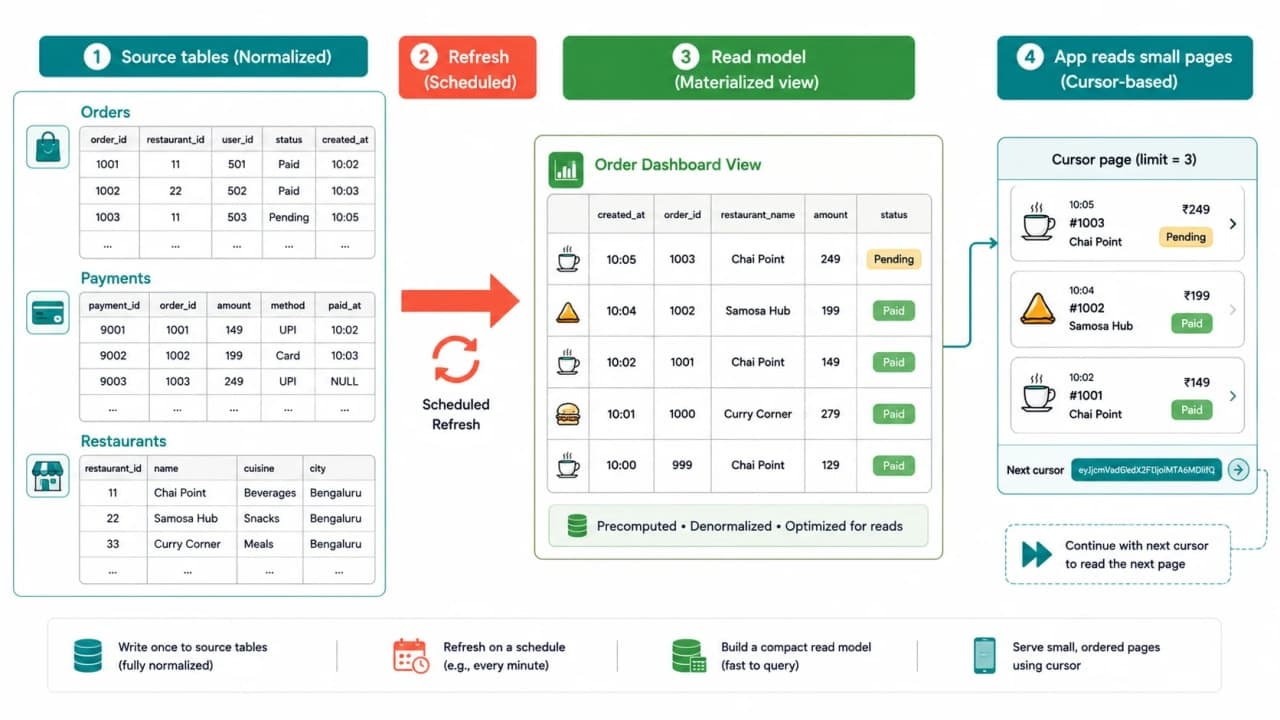 Diagram showing SnackNow transaction tables refreshing a materialized dashboard view that is read in cursor-based pages