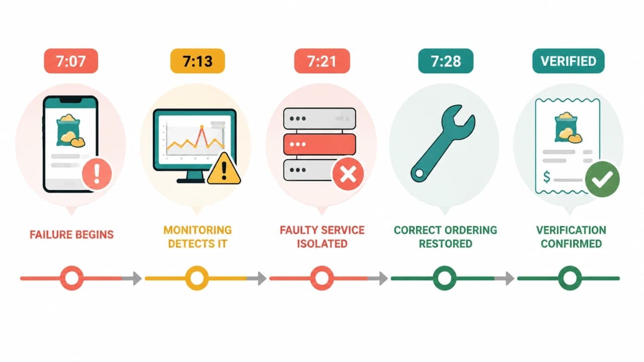 Timeline of the SnackNow reliability incident from failure at 7:07 PM through detection, isolation, recovery, and verification