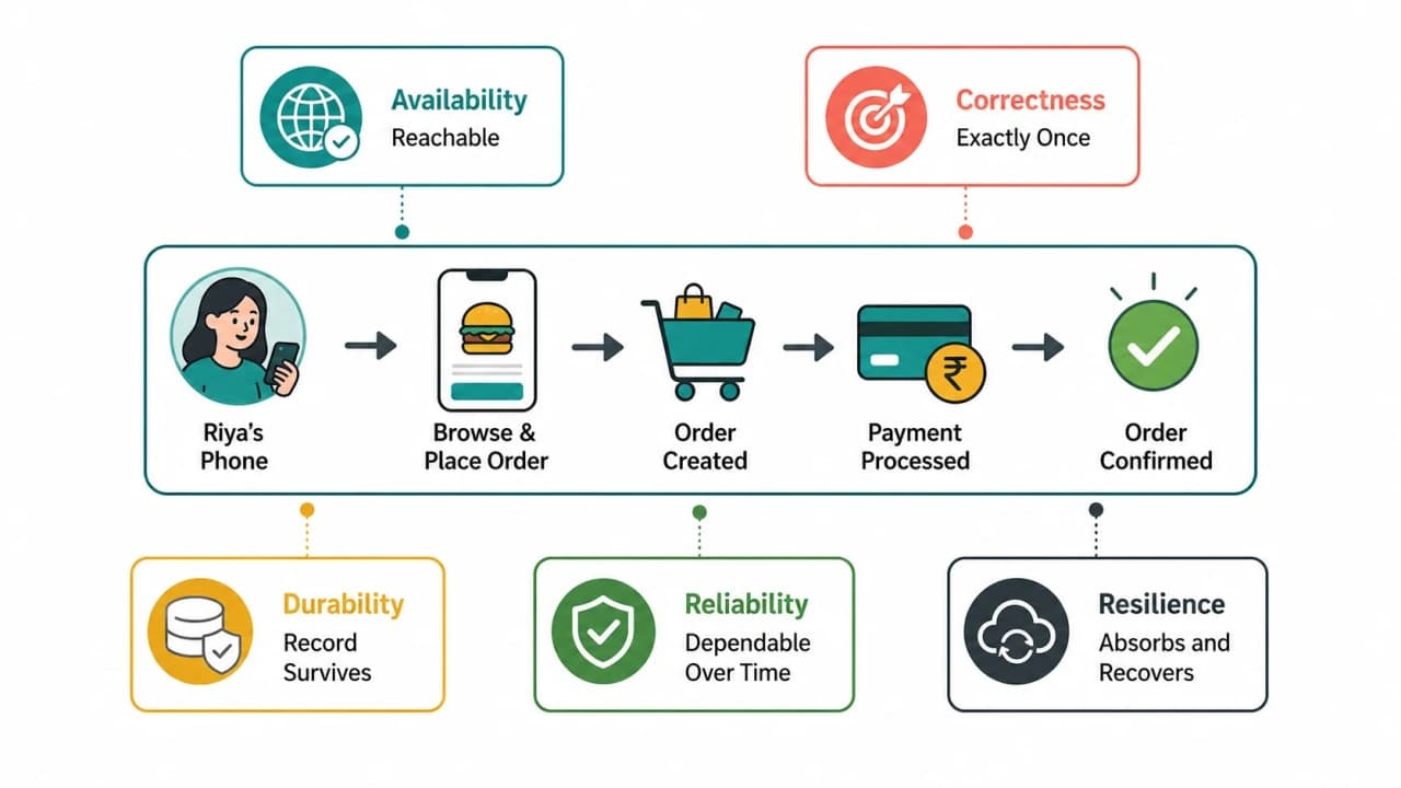 One SnackNow order journey labelled with availability, correctness, durability, reliability, and resilience questions