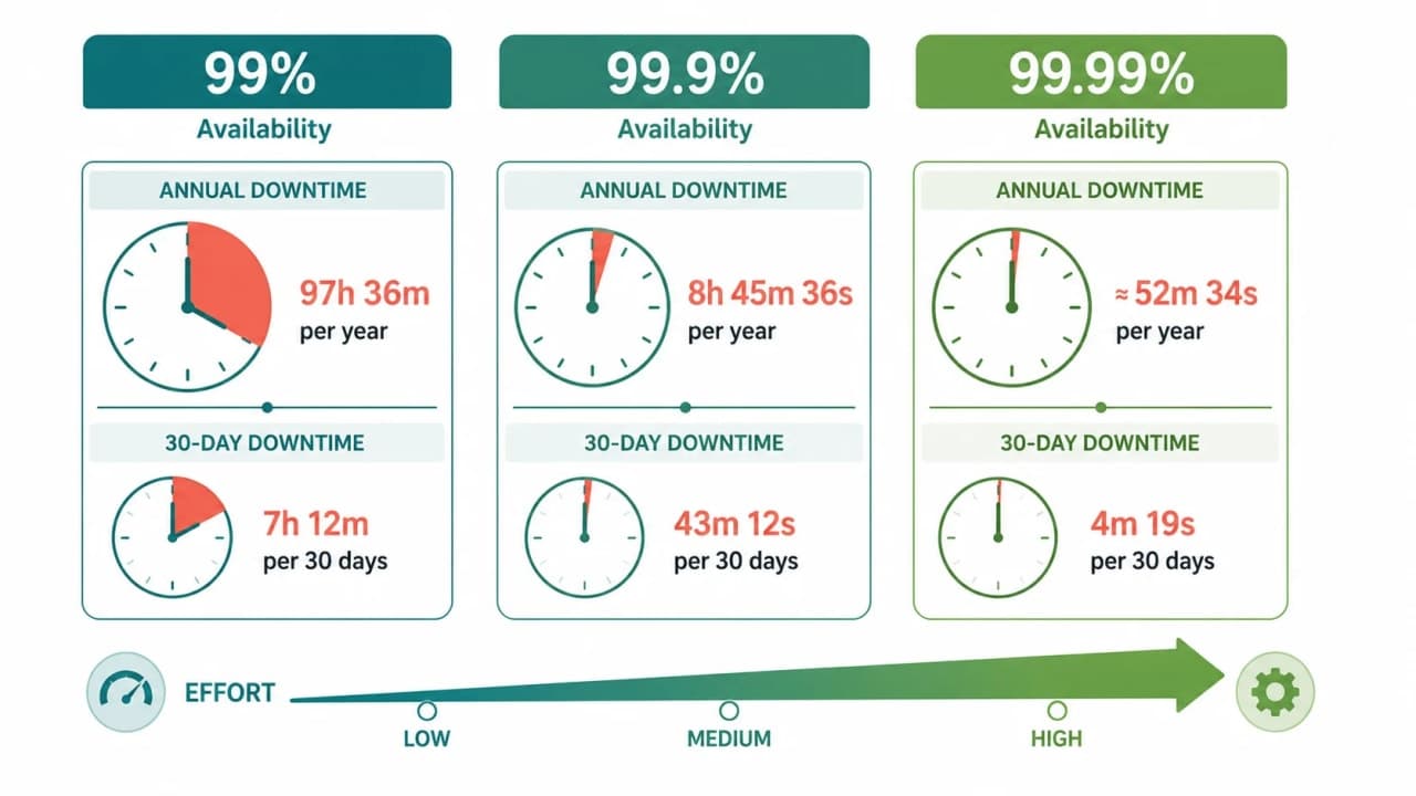 Availability target comparison showing downtime for 99 percent, 99.9 percent, and 99.99 percent over a year and 30-day month