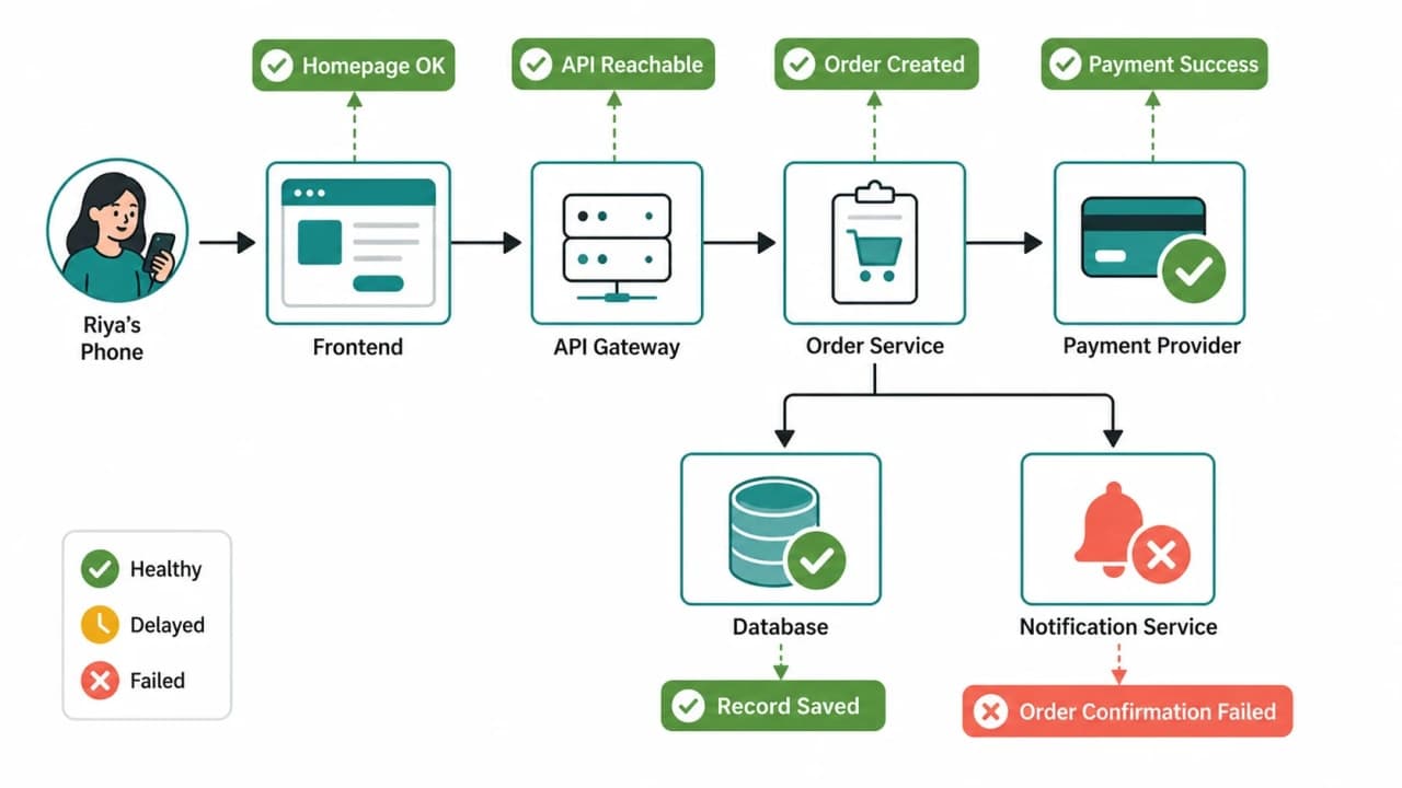 SnackNow dependency path from frontend through API, order service, payment provider, database, and notification service with a partial failure