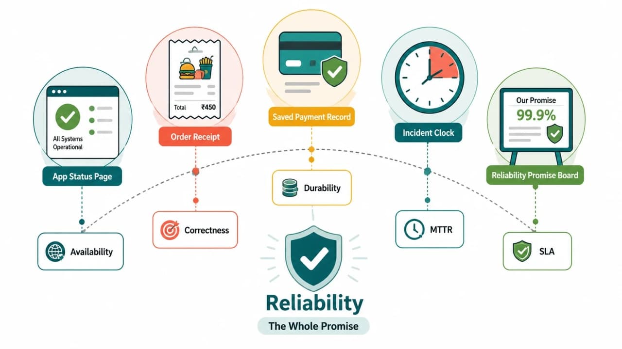 Memory map connecting SnackNow status page, order receipt, payment record, incident clock, and promise board to reliability concepts