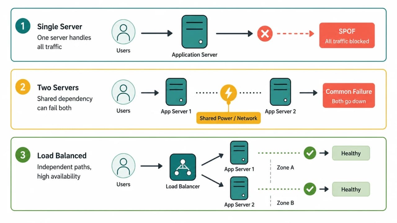 Three SnackNow architectures comparing one server, misleading redundancy with a shared failure, and working redundancy with independent paths