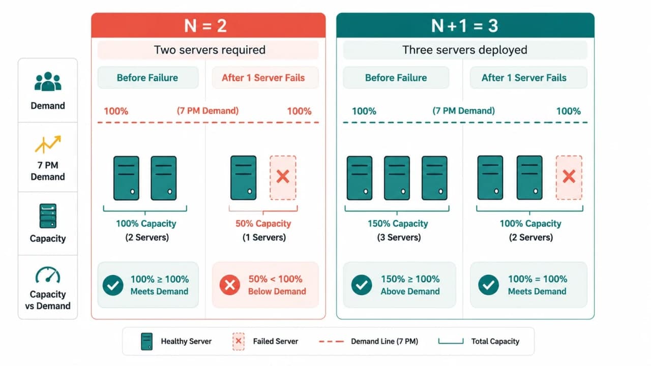 Capacity diagram showing two required SnackNow servers overloaded after one failure and three N plus one servers retaining two-server capacity