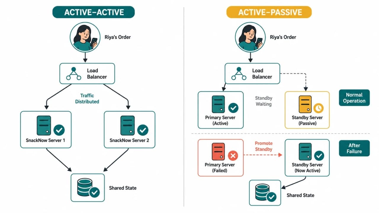 SnackNow order flow comparing active-active servers receiving traffic and active-passive primary server with a standby promoted after failure