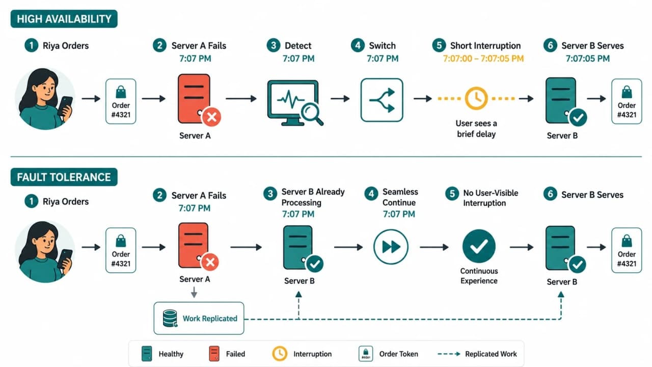 Two timelines showing the same SnackNow Server A failure with a brief high-availability interruption and uninterrupted fault-tolerant service